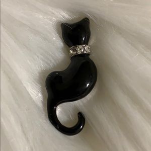 Beautiful Black Enamel Cat Rhinestone Collar Pin